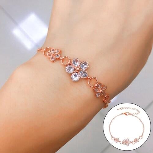 Pink Cherry Blossom Small Pure And Fresh And Heartly Sweet Bracelet Cubic Crystal Adjustable Sweet Flower Chain Bracelet