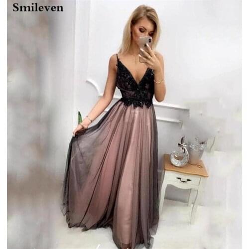 Smileven Sexy V Neck Formal Evening Dress Spaghetti Strap Vestido de festa longo Lace Appliques Long Party Evening Gowns