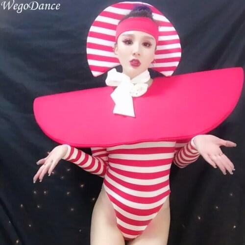 Sexy new Nightclub woman Singer DJ Dance Costume Red White Striped Stretch Skinny Bodysuit Big Hat Bar Party Catwalk Clothes
