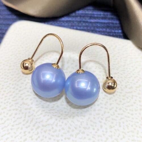 Solid 18K Gold Round 8mm Fresh Water Rose Blue Pearl Studs Earrings for Women Fine Birthday Presents