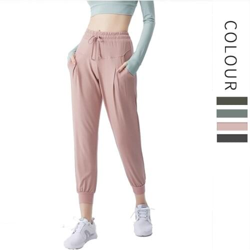 Yoga Pants Thin Quick Drying Pants Womens Loose Legged Running Fitness Solid Color Pocket High Waist Leisure Fitness Pants