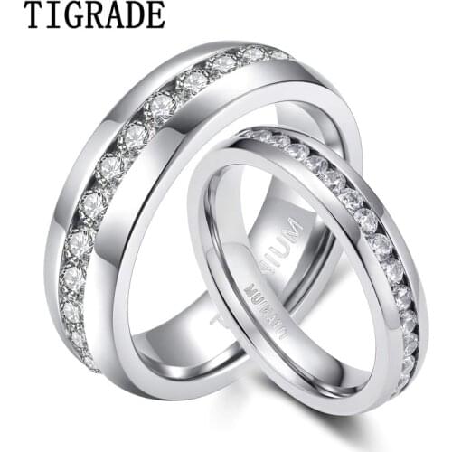 TIGRADE 1pc 4/6mm Titanium Ring for Women Man Luxury Cubic Zirconia Engagement Ring Silver Color Crystal Wedding Band Couples