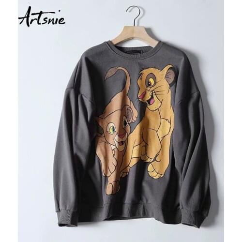 Artsnie gray casual cartoon women sweatshirt autumn 2019 o neck long sleeve oversized hoodies knitted streetwear sweatshirts