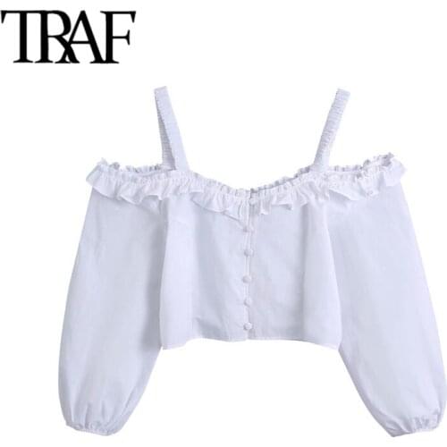 TRAF Women Sweet Fashion With Buttons Ruffled White Crop Blouses Vintage Elastic Trims Straps Female Shirts Chic Tops