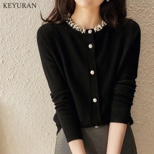 2021 Summer Cardigan Korean Vintage Single Breasted Short-Sleeved Puff Sleeve Womens Fashion Solid Color Beading Knitted Top