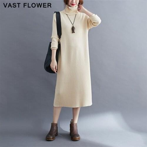 Plus Size Knitted Vintage Women Dress Turtleneck Long Sleeve Loose Elegant Clothes Vestidos Autumn Winter Sweater Dresses 2020