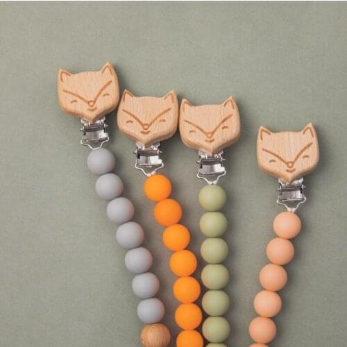 1pc Baby Silicone Pacifier Chain Clips Wood Funny Fox Clips Holder Chain For Infant Feeding Toddler Chew Toy Clips BPA Free