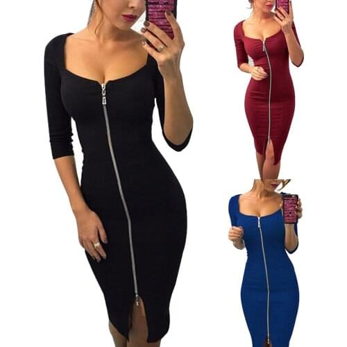 2020 Summer Fashion Women Bust Zipper Front Dress Solid Color Sukienka Square Neck Dress Open Chest Low Cut Dress Stretch Party