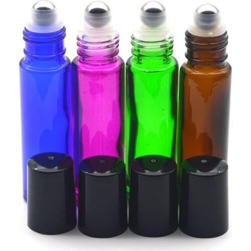 50pcs Empty 10ml Color Thick Glass Roller Bottle Perfume Essential Oil Test Vial Roll-On Black Plastic Cap