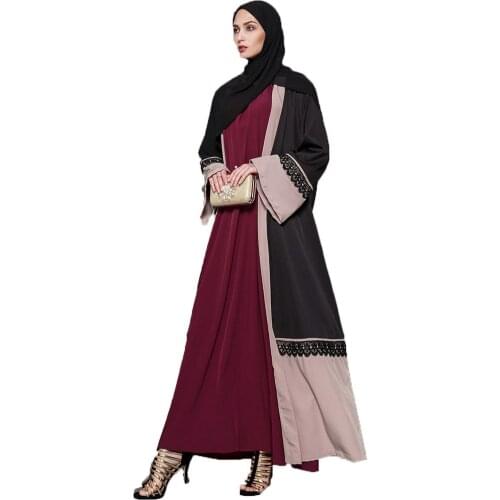 BianFeng Womens Lace Stitching Abaya Hijab Dress Islamic Elegant Cardigan Robe Muslim Saudi Dress Long Sleeve Color Black