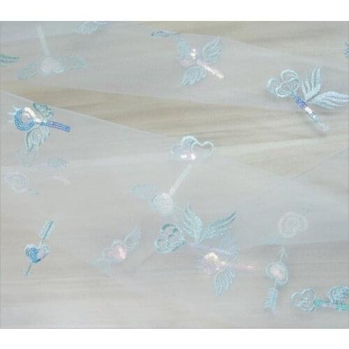 Black/White/Pink Embroidery Tulle Fabric Sequins Heart With Angel Wing Soft Girl Dress Baby Skirts Lace 51" Width By The Yard