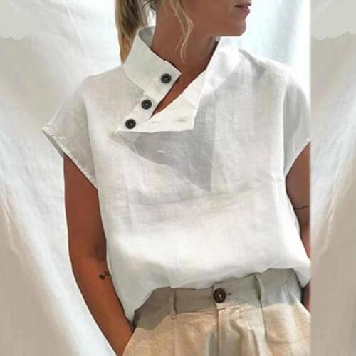 4XL Oversize T-Shirts Women Summer Vintage tshirts Femme Stand Collar Buttoned Side Short Sleeve Casual Fashion Loose Tunic Tops
