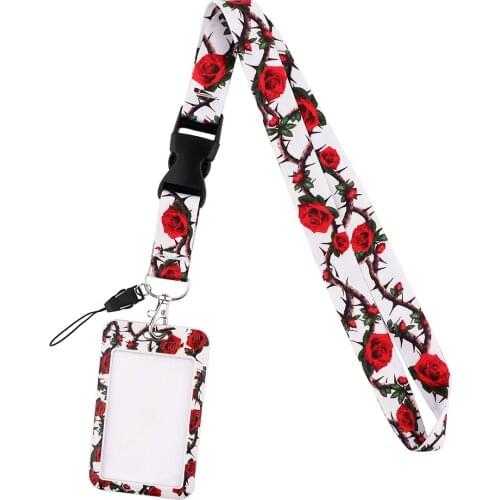 JF0279 Beautiful Flower Rose Removable Lanyard Credit Card ID Holder Bag Student Women Travel Bank Bus Business Card Cover Badge
