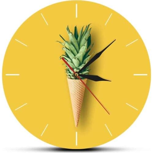 Ice cream Cone with Pineapple Leaves Yellow Background Acrylic Wall Hanging Clock Fruit and Candy Design Minimalist Wall Watch
