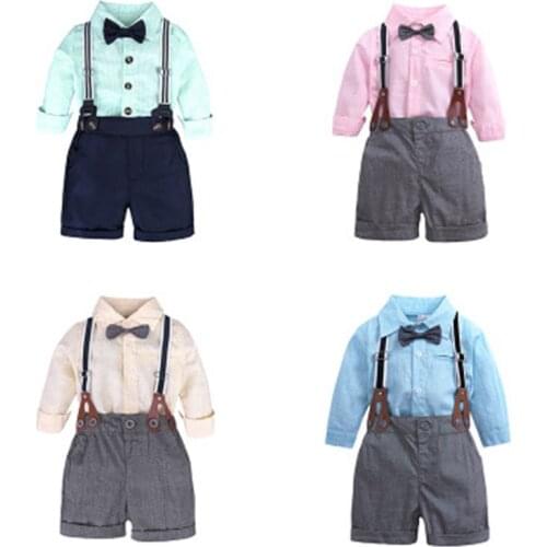 New Baby Boys Summer Casual Clothing Set Baby Kids Gentleman Bow Clothing Sets Shirt+overalls 2-Piece Suit Set
