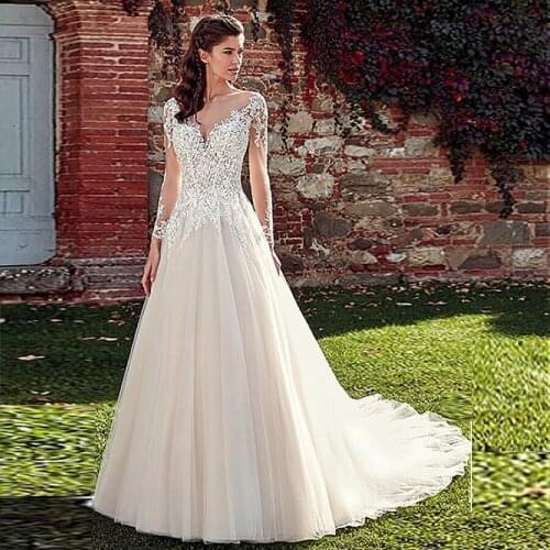 Charming Champagne Tulle A-line Wedding Dresses Long Sleeves Illusion Back Sexy Bridal Gowns vestidos de novia con manga