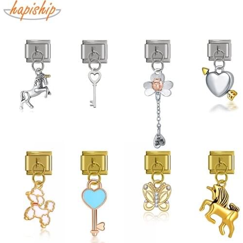 Hapiship Original Daisy Heart Horse Butterfly Key Dog Charm Links Fit 9mm Bracelet Stainless Steel Jewelry DIY Making DJTop36