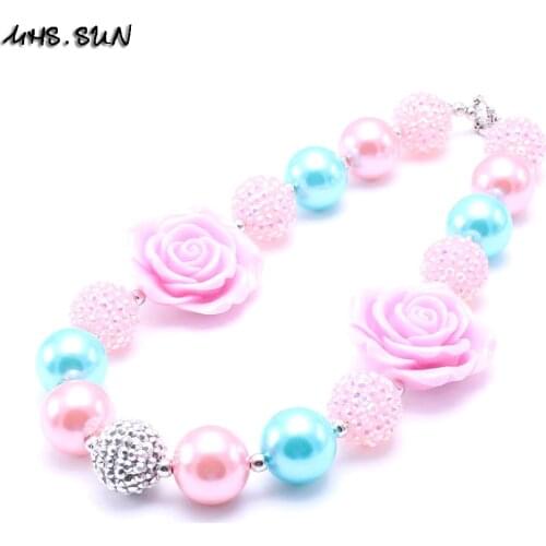 MHS.SUN 2PCS Pink Color Flower Toddler Chunky Bead Necklace Favorite Kid Girl Bubblegum Chunky Necklace Jewelry Children Gift