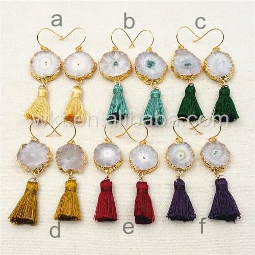 WT-E300 Wholesale New Natural Stalactite quartz solar stone earrings, fashion gold color hoop flower stone tassel earrings
