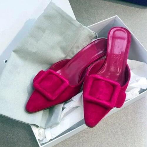 Suede Leather Women Brand Summer Slides High Quality Buckle Pointed Toe Casual Slipper Leisure Sandal Female Beach Flip Flops