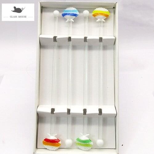 Handmade glass sea shell design decor long handle glass cocktail stirring rod Hawaii fresh style drink stirrers Swizzle Sticks