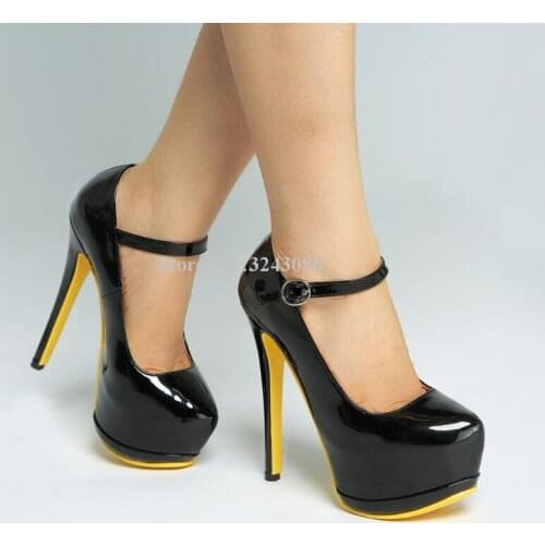 Black Patent Leather Stiletto Heel Platform Shoes Women Sexy Ankle Buckle Mixed Color Office Single Shoes Lady Fashion Pumps