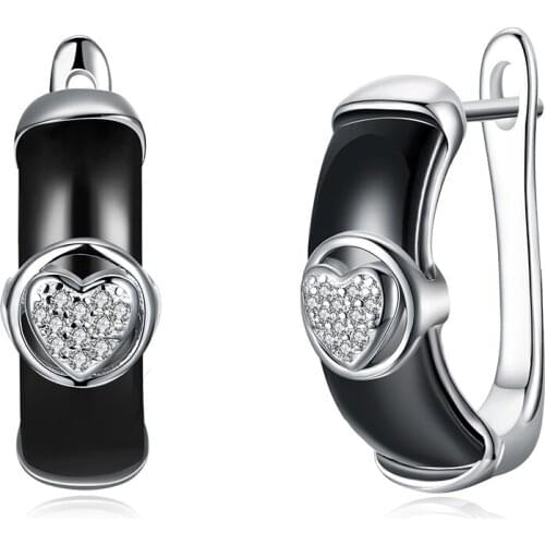 ZEMIOR 925 Sterling Silver Stud Earrings For Women Black Ceramic Heart 5A Clear Cubic Zirconia Earring Anniversary Fine Jewelry