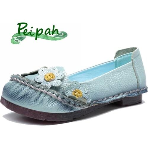 PEIPAH 2019 Floral Women Flats Shoes Handmade Shallow Solid Female Loafers Genuine Leather Casual Ballet Flats Shoes Woman