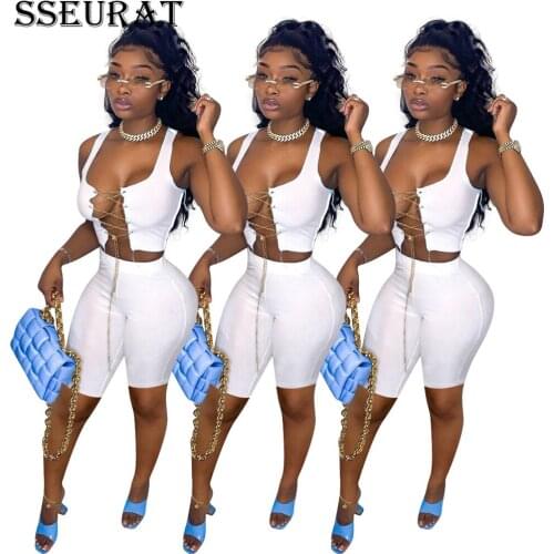 SSEURAT Women Set Solid Metal Bandage Sleeveless Crop Tops Sheath Elastic Shorts 2 Piece Sets Tracksuit Outfit