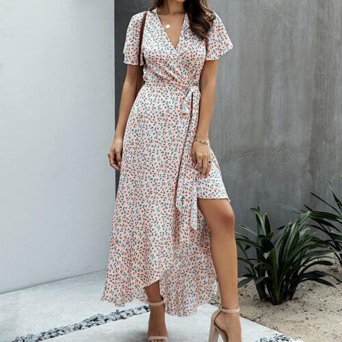 Women Dot Irregular Ruffle Hem Belt Maxi Dress Printed Short Sleeve V Neck Female Dresses Summer Sweet Fashion Ladies Clothes