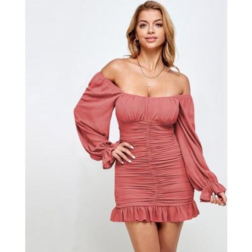 Women Wrap Dress Fashion Solid Dress with Long Sleeve Ruffles Sexy Off Shoulder Bodycon Female Pleated Mini Dress New