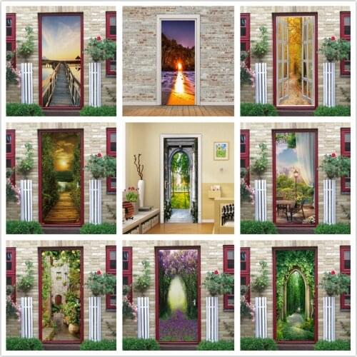 2pcs/set 3D Natural Landscape Self-adhesive Door Stickers Waterproof PVC Sunset Path Wallpaper For Bedroom Decoration Wall Mural