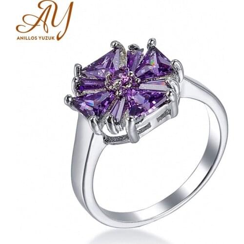 Anillos Yuzuk Luxury 925 Silver Flower Rings Purple & Clear Cubic Zircon Wedding Engagement Party Ring Trendy Fine Jewelry