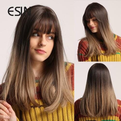 ESIN Ombre Dark Brown Root Wigs with Bangs Medium Long Straight Hair Natural Daily Synthetic Wig for Women
