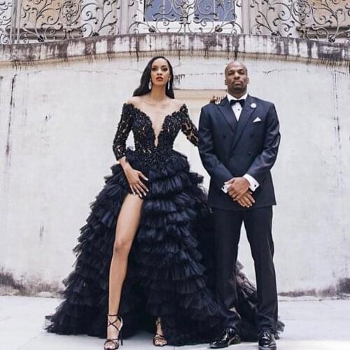 High End Standout Black Split Long Prom Gowns Ruffles Tiered Tulle A-line Party Dresses Lace Full Sleeves Formal Dress