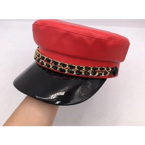 Autumn and winter new womens visor with eaves PU chain navy cap beret painter cap socialite