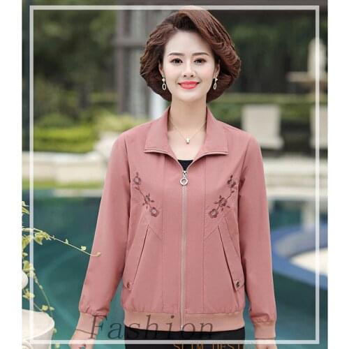 2020 Spring Autumn Womens Coat Middle-aged Elderly Mothers Embroidered Jacket Large Size Zip Casual Jacket Outerwear Female Top