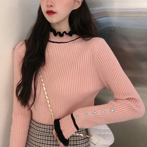 Fashion Ruffled Collar Women Sweater Knitted Pullover Button Soft Korean Slim Flare Sleeve Top Female Basic Sweaters 2021 Autumn