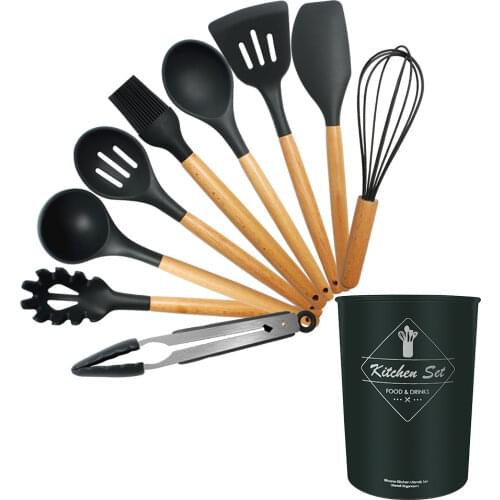 Silicone Spatula Kitchen Set Shovel Cooking Utensils Wooden Handle Kitchenware Turners Kit Baking Tools with Bucket