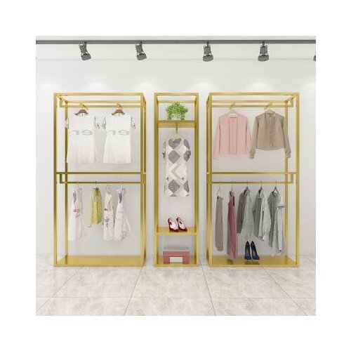 Clothing store display stand floor-mounted clothing rack double hanger iron hanger hanger golden