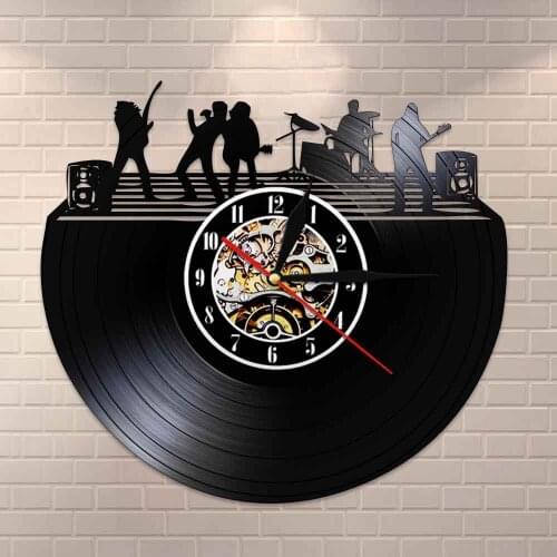 LP Wall Art Silent Wall Clock Music Band Live Music Studio Decor Rock Band on Stage Black & White Wall Art Vintage Vinyl Record