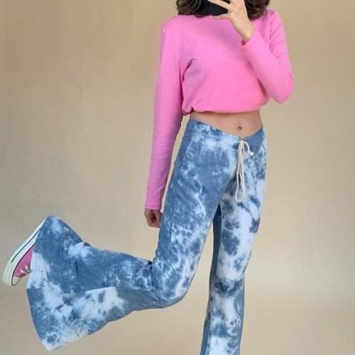 2021 New Womens Fashion Tie Dye Printed Trousers Long Flared Pants Elastic Drawstring High Waist Wide Hem Bell-Bottom Trousers