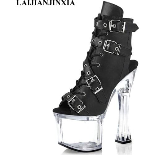 New Sexy Dance Shoes Peep Toe Platform Lace Up 18 CM Low Tube Short Boots 8 Inches Stiletto Heels Nightclub Pole Dancing Shoes