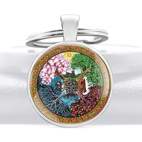 New Fashion Four Seasons Tree of Life Glass Cabochon Keychain Charm Men Women Jewelry Key Rings Gifts