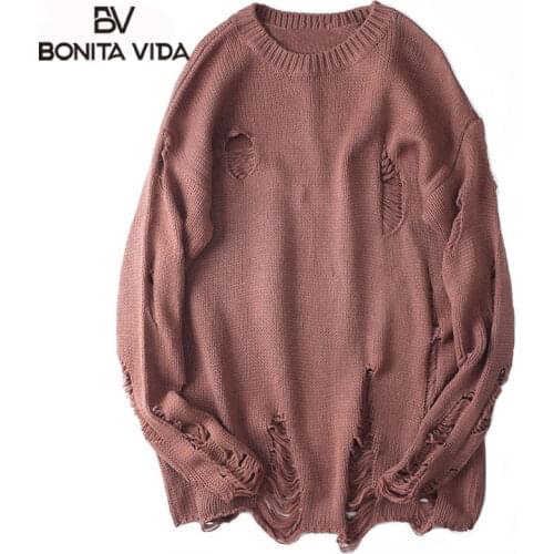 Bonita Vida Ripped Destroyed Holes Distressed Sweaters Mens Knitted Pullover Sweater Male Hip Hop Loose Sweater Streetwear