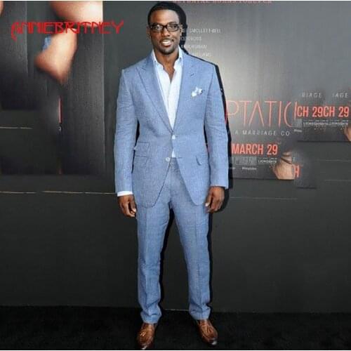 Latest Coat Pants Designs 2018 Summer Blue Linen Wedding Suit Groom Tuxedo Slim Fit Male Blazer Jacket Stage Performace 2 Pieces