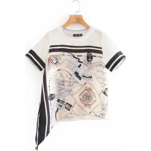 2020 New Fashion Women Vintage print Splicing Knitting T shirt Casual Lady O Neck Short sleeve Loose Tops T1310