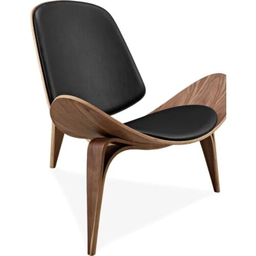 Hans Wegner Style Three-Legged Shell Chair Ash Plywood Black Faux Leather Living Room Furniture Modern Shell Chair Replica