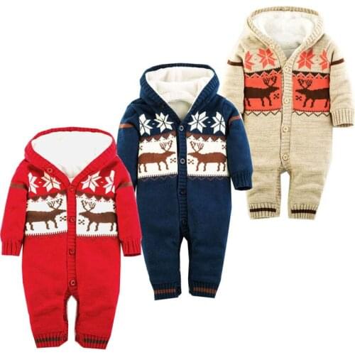 Newborn Baby Warm Romper Winter Thick Knitted Hooded Rompers Newborn Boys Girls Jumpsuit Christmas Deer Outwear Infantil Bebes