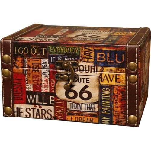 Vintage Storage Decorative Suitcase Small Retro Wooden Box Casket Lock Desktop Storage Box Finishing Muhe Jewelry Box 66 Road